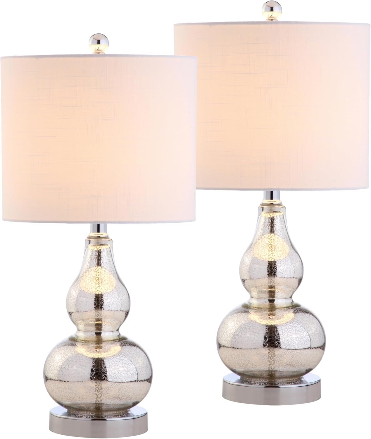 JONATHAN Y 20.5" Mercury Silver Glass Table Lamp, Modern Gourd Bedside Nightstand Lamp for Bedroom, Living Room, White Linen Shade, LED Bulb Included (JYL1028C-SET2)