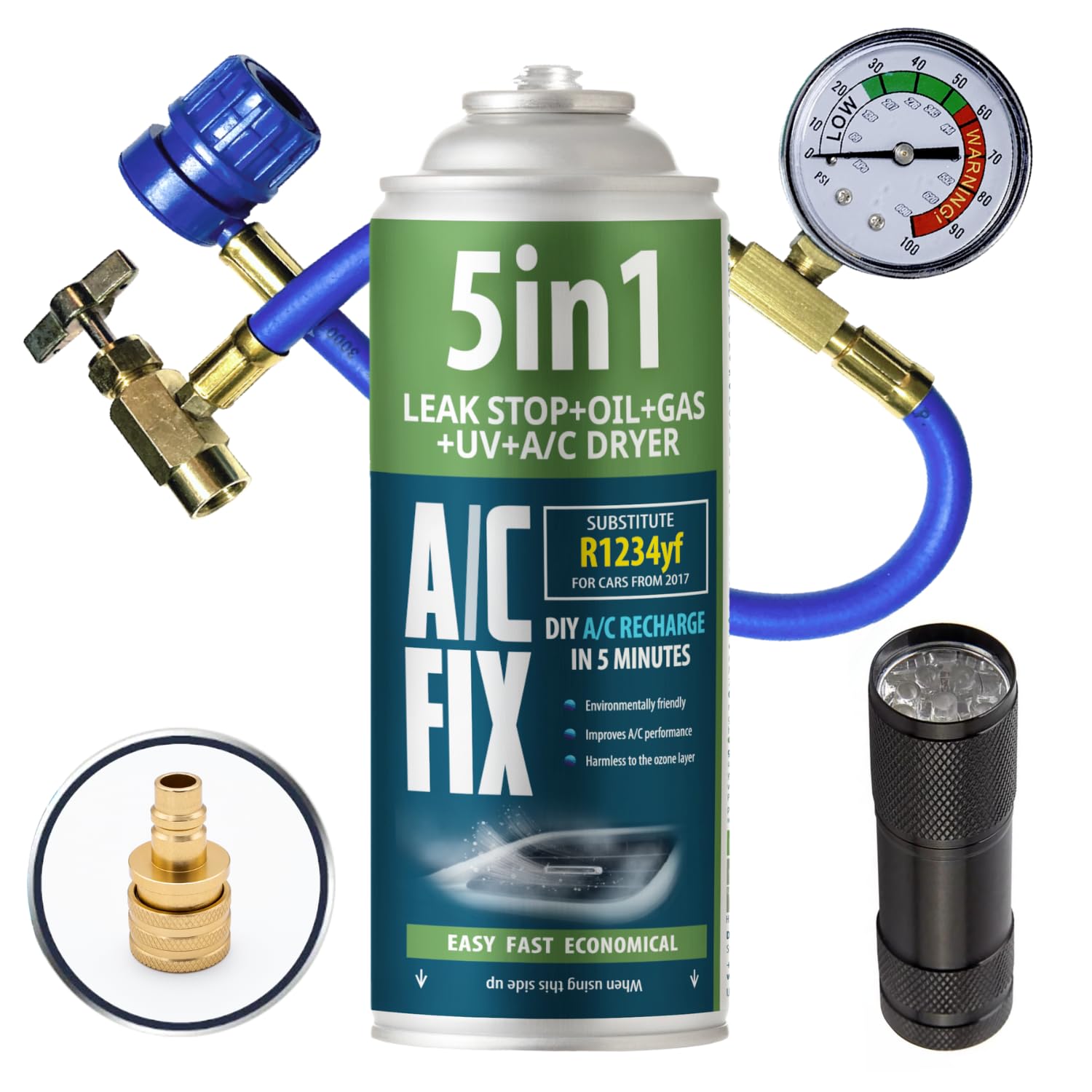 AC FIX 5-in-1 – R1234yf + Hose + Adapter Refrigerant for Car Air Conditioning with Oil, Sealant, UV Dye, Desiccant – Quick Application – Protects the Compressor — view 8