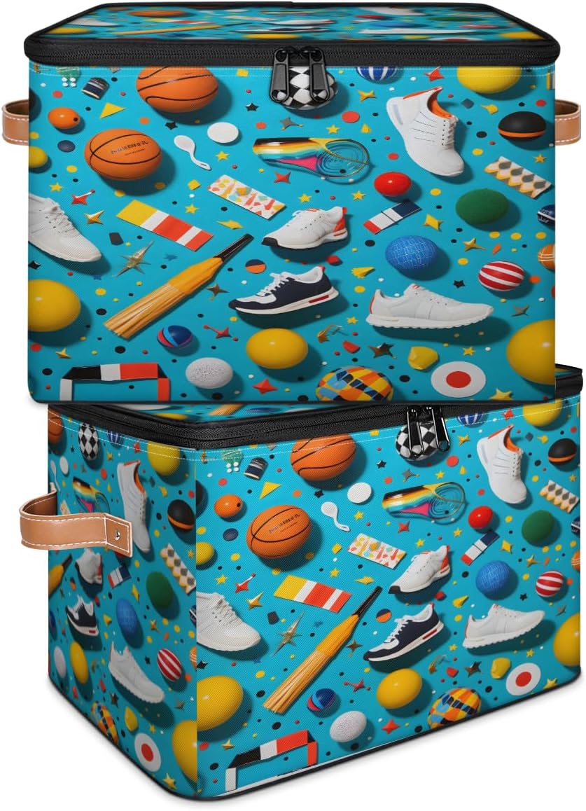 Storage Bin Set of 2 Sport Balls Storage Basket with Zipper Lid & Handle Foldable Closet Shelf 2 Pack Cloth Organizer Basket Cube Bins Clothes Organizer for Nursery, Bedroom