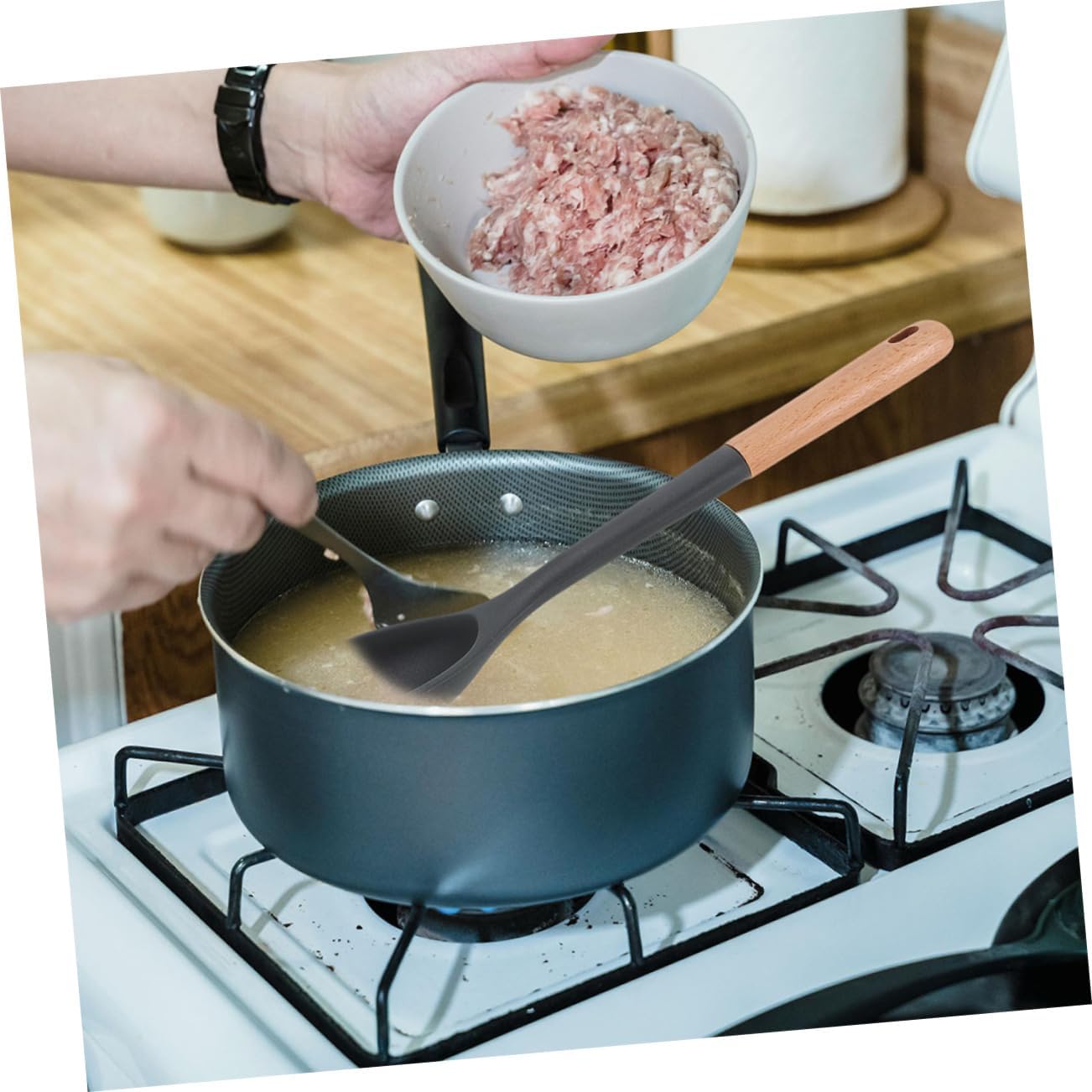 2pcs - Silicone Cooking Spoon Wooden Handle Nonstick Kitchen Utensils for Mixing Serving Basting for Home Cooks