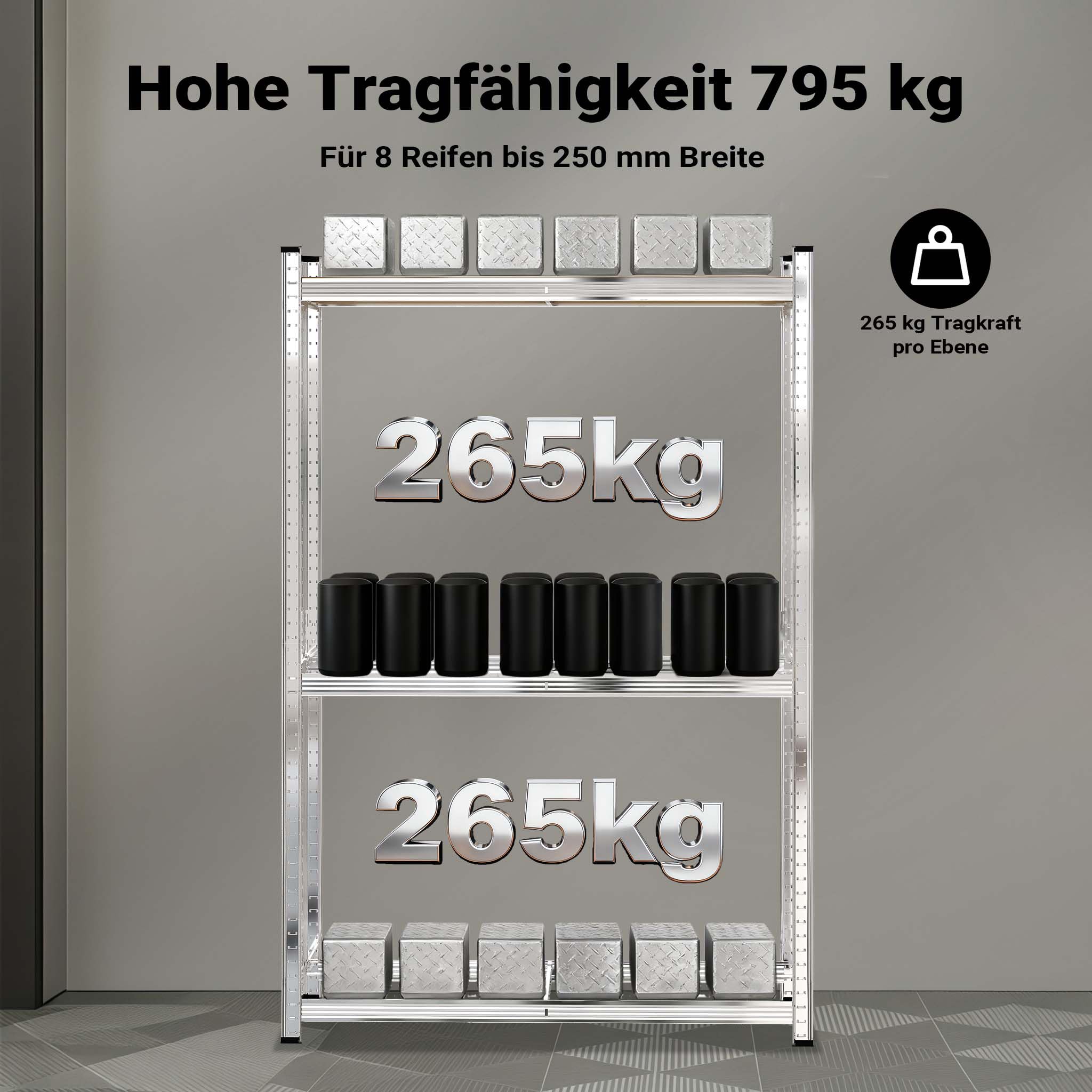 Wiltec Reifenregal – 180 x 120 x 40 cm – bis 795 kg – für 8 Reifen – aus Stahl – Werkstattregal Lagerregal Reifenständer Schwerlastregal