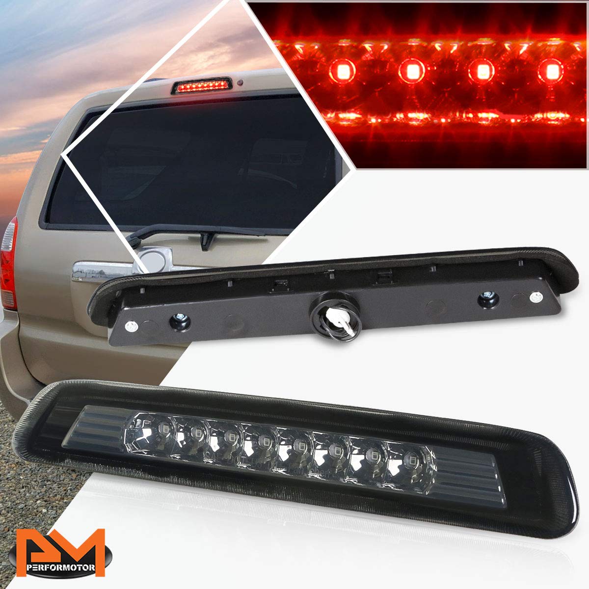 PM PERFORMOTOR Compatible with 4Runner 03-09 LED Third 3RD Tail Brake Light Rear Stop Lamp Smoked Housing