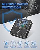 Vista 6 de Regleta de Enchufes con Enchufe Plano Protector de Sobretensiones, HUNIAN Cable de Extensión de 5 Pies con 12 Tomas Múltiples Ampliamente Espaciadas