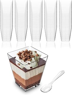 Mini Dessert Cups with Spoons (100 PACK) (Clear Spoons) (No Lids) - 5 oz Plastic Parfait Cups Reusable - Plastic Cups Catering Supplies - Appetizer Cups - Clear Cups BPA Free Plastic