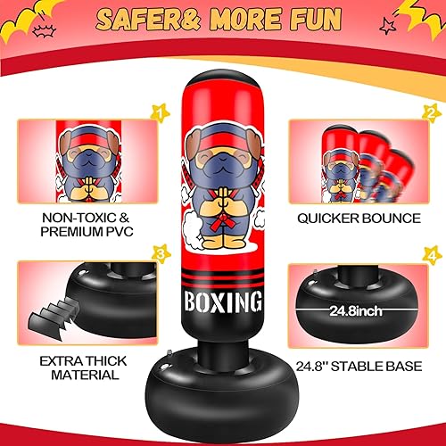 Miniatura 4 de Saco de boxeo inflable para niños, saco de boxeo para niños de 65 pulgadas con guantes para niños y niñas, juego de boxeo para practicar karate,
