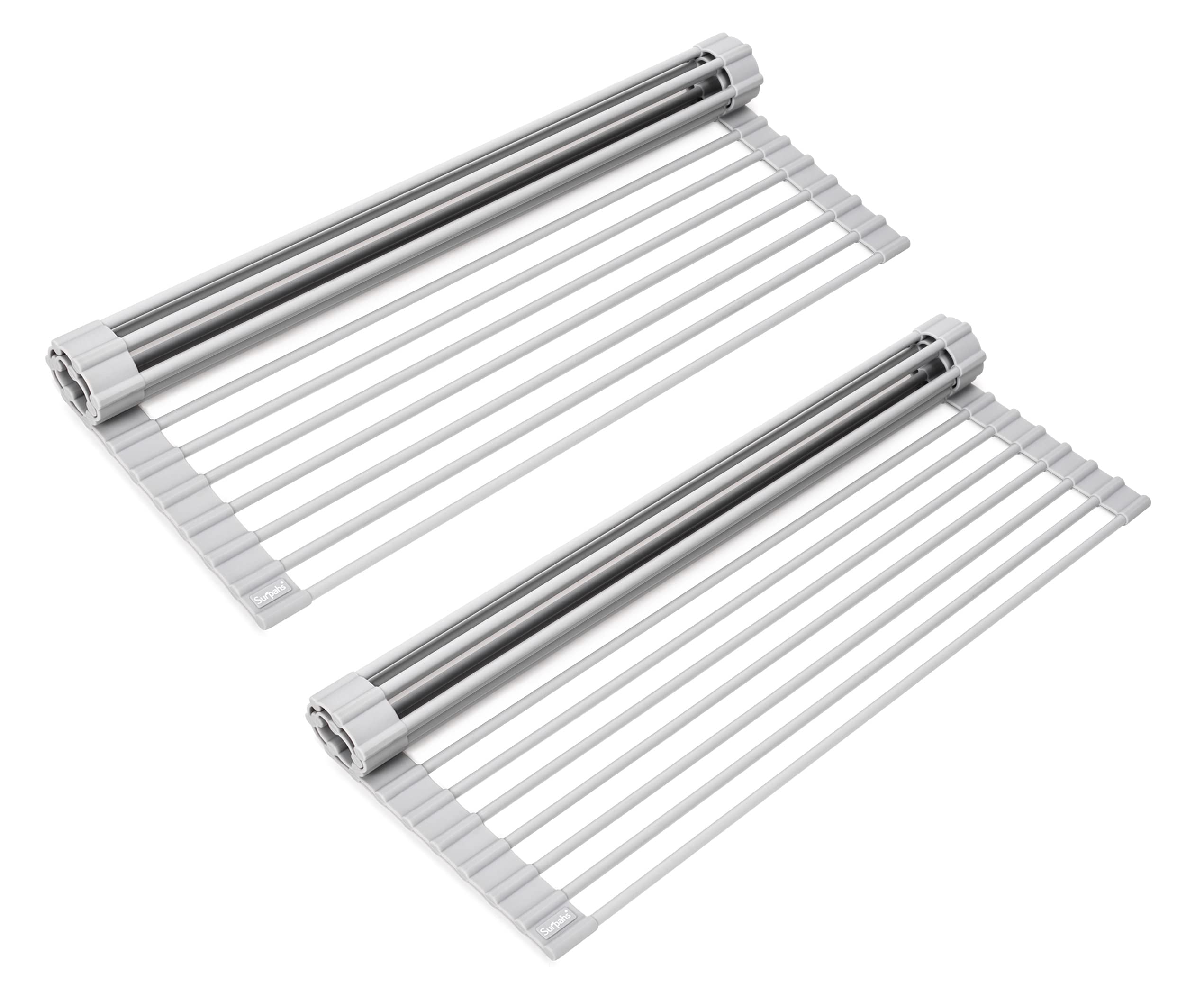 Surpahs Over Sink Foldable Multipurpose Roll-Up Dish Drying Rack, Silicone Wrapped Stainless Steel, Warm Gray, 17.5" x 13.1" (Pack of 2)