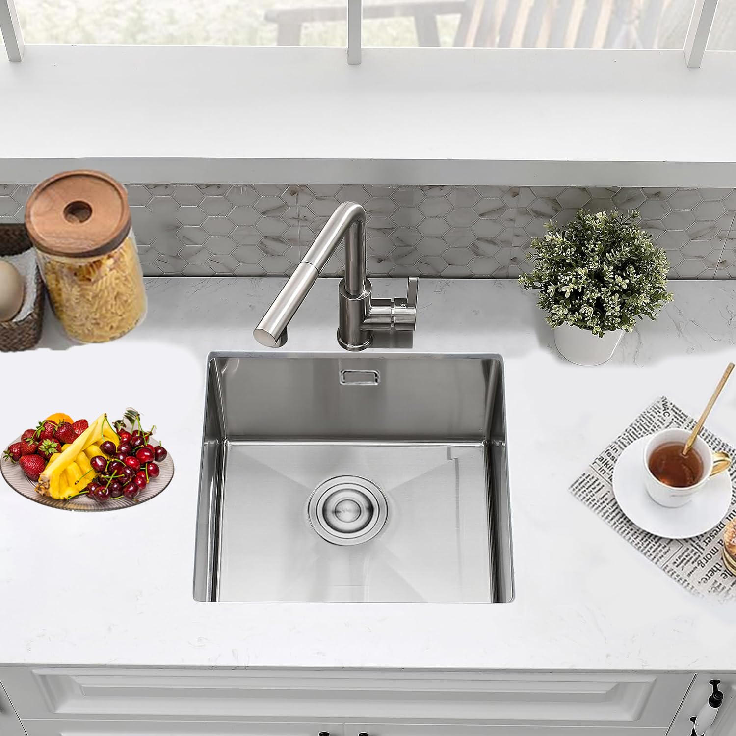 Evier Cuisine 40 X 45 cm, Evier Inox 1 Bac, Brossé | Montage Encastré, Sur Plan Ou Sous Plan, Avec Trop-Plein Et Filtre de Vidange, Idéal Pour Appartement Et Chalet