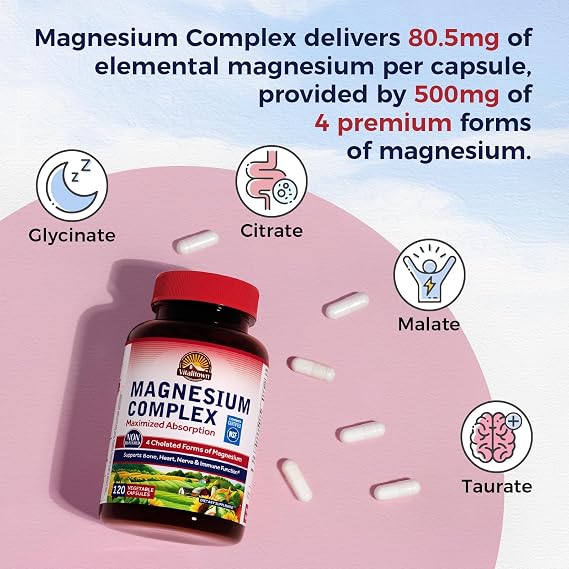 Vitalitown Magnesium Complex Supplement 500mg NSF Certified, 120 Capsules | Magnesium Glycinate, Malate, Taurate & Citrate - Chelated High Absorption & Gentle on Stomach - Vegan Non-GMO