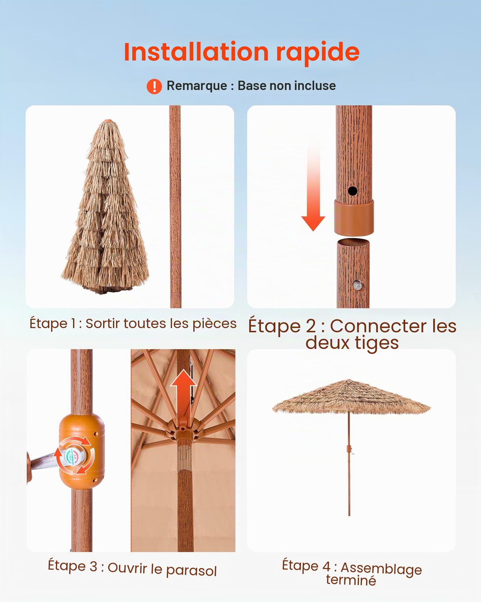 VEVOR Tiki – Parasol de terrasse inclinable, style hawaïen avec chaume en polypropylène durable, pour plage, terrasse, bord de piscine, arrière-cour et jardin