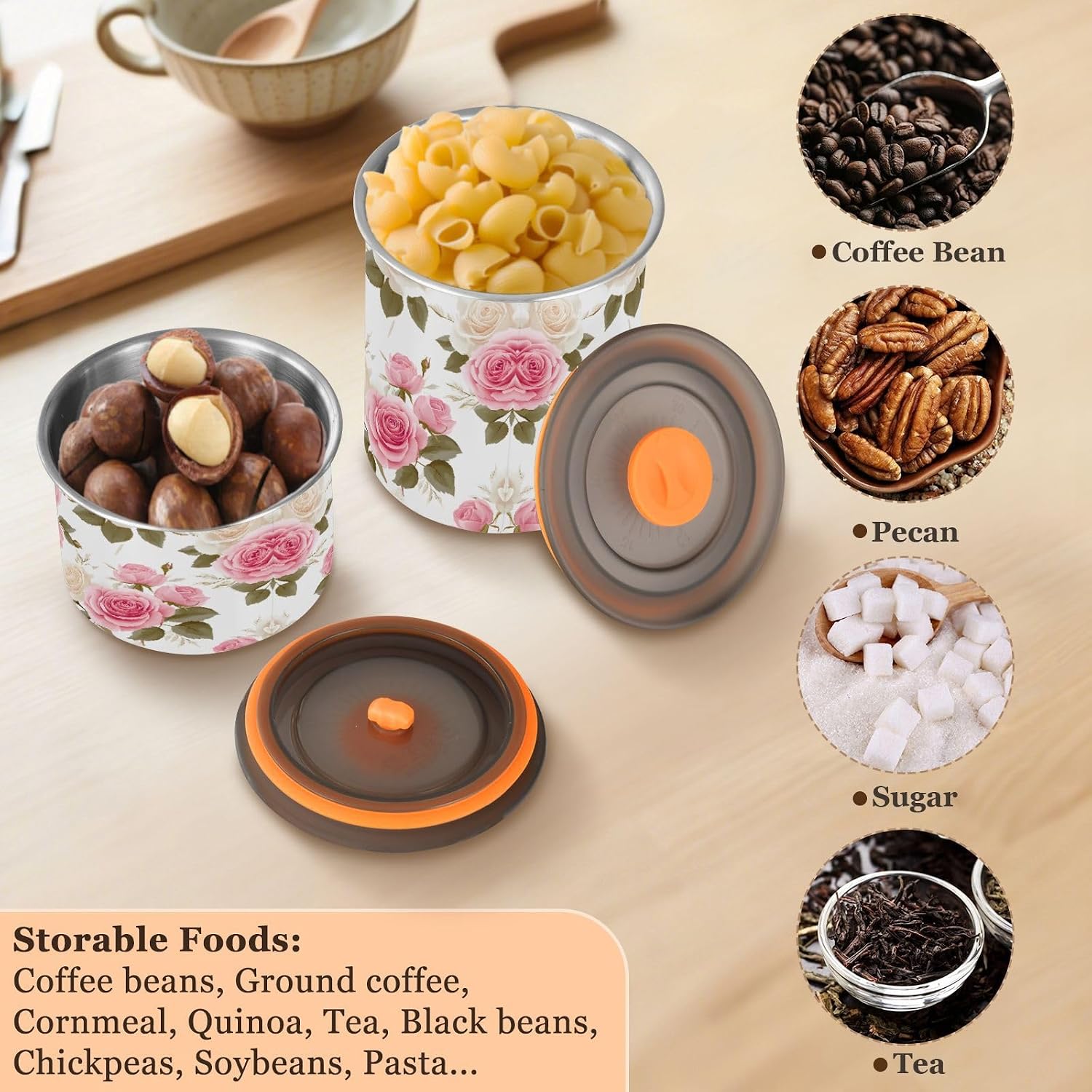 Stainless Steel Coffee Storage Containers with Airtight Lid, Pink White Rose Flower 30oz Food Storage Container Kitchen Canister for Tea, Coffee Beans, Ground, Sugar Storage