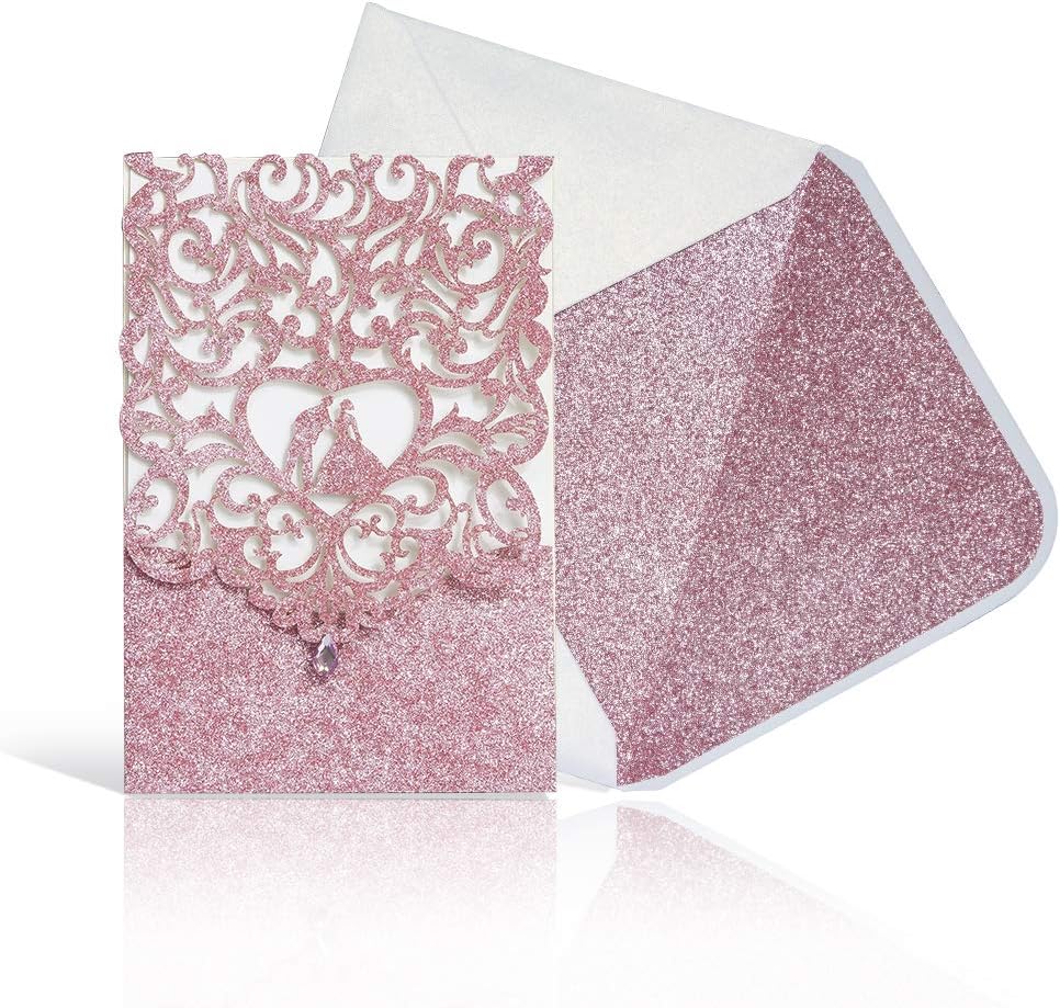 Laser Cut Wedding Invitations With Envelopes With Blank Printable Paper -25pcs Pink Glitter 4.7'' x 7' Wedding invites Cards With Rhinestone kits,White+Pink Glitter Envelopes for Wedding Bridal Shower