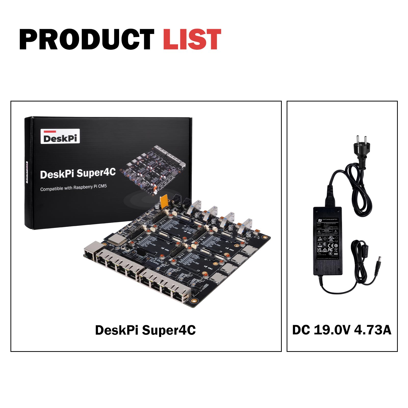 DeskPi Super4C para Raspberry Pi Compute Module 5, Cluster Mini-ITX Board Soporta 4 CM5, 2.5GbE + red 1GbE, M.2 NVMe, montaje en rack de 1U, incluye fuente de alimentación de 89 W