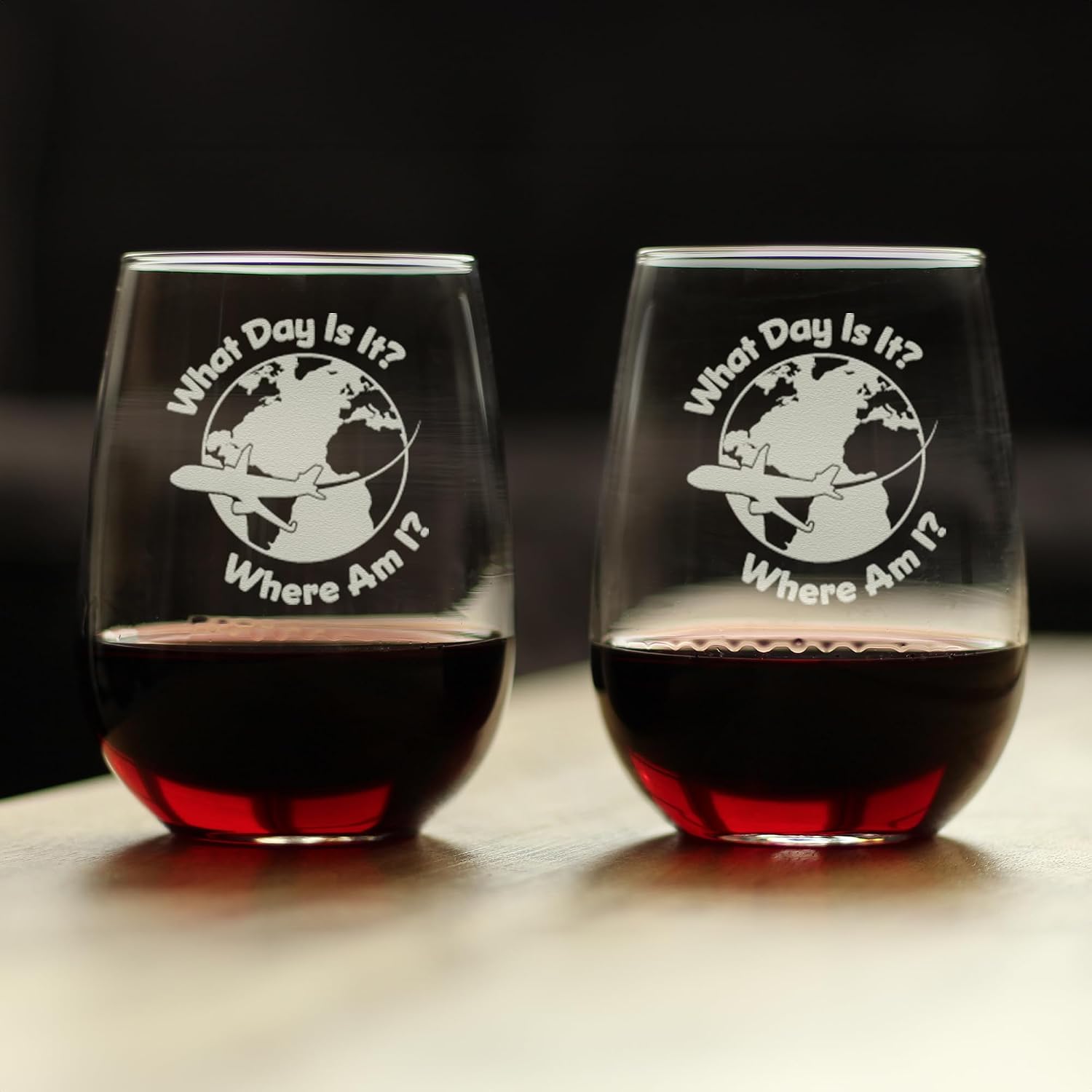 Bevvee What Day Is It - Stemless Wine Glass - Funny Flight Attendant Gifts for Flight Attendants & Pilots - Set of 2 - Large 17 Ounce Glasses