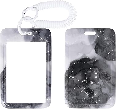 ID Badge Holder with Keychain, Spring Rope, and Metal Ring Slide-Open Plastic Card Case with Clear Window for Men,Women,Students,Black Marble