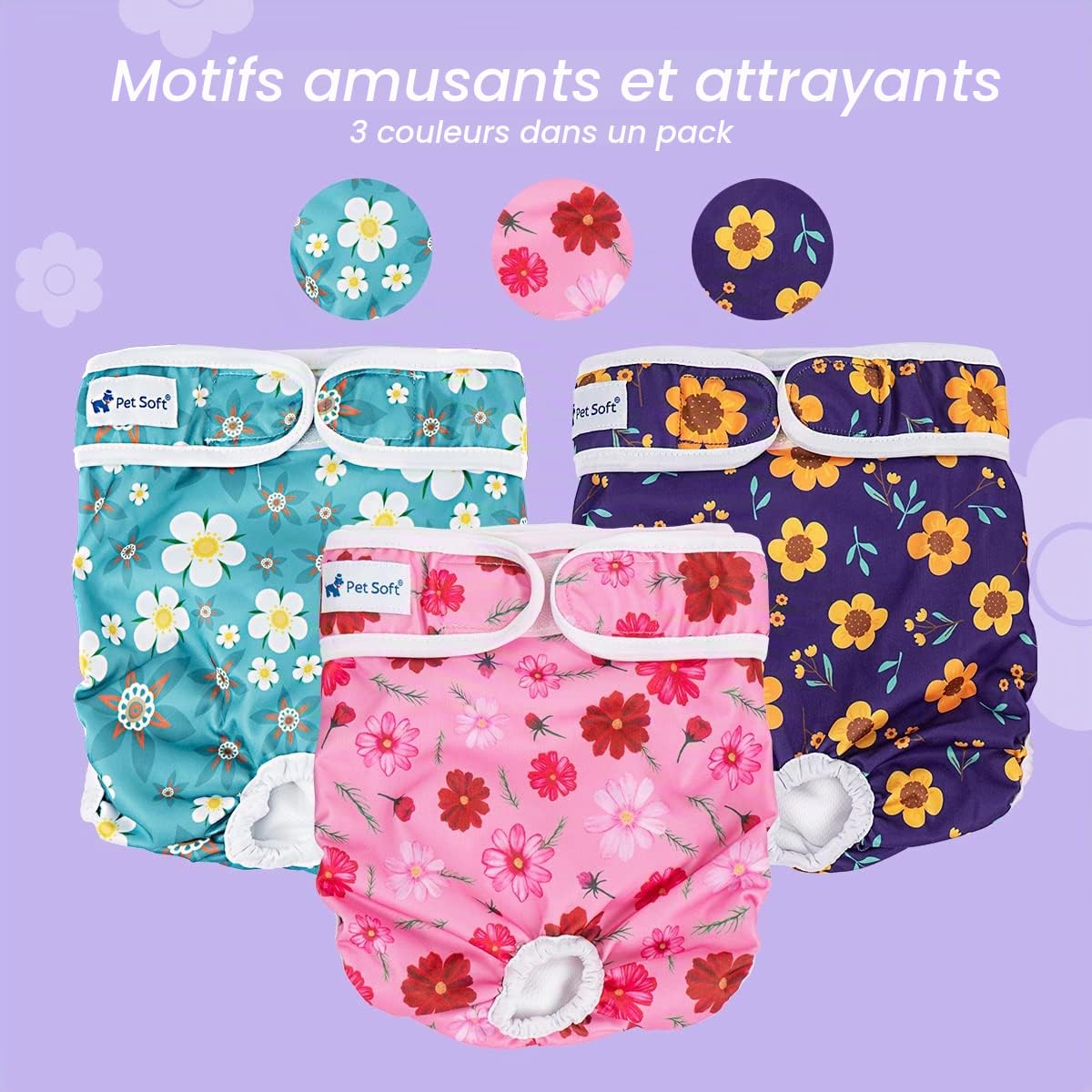 Pet Soft Culotte Chiennes Chaleurs, Lot de 3 Réutilisables Couche Chien Femelle S, Culotte Lavables pour Chien avec Bouton Réglable (Fleur, S)