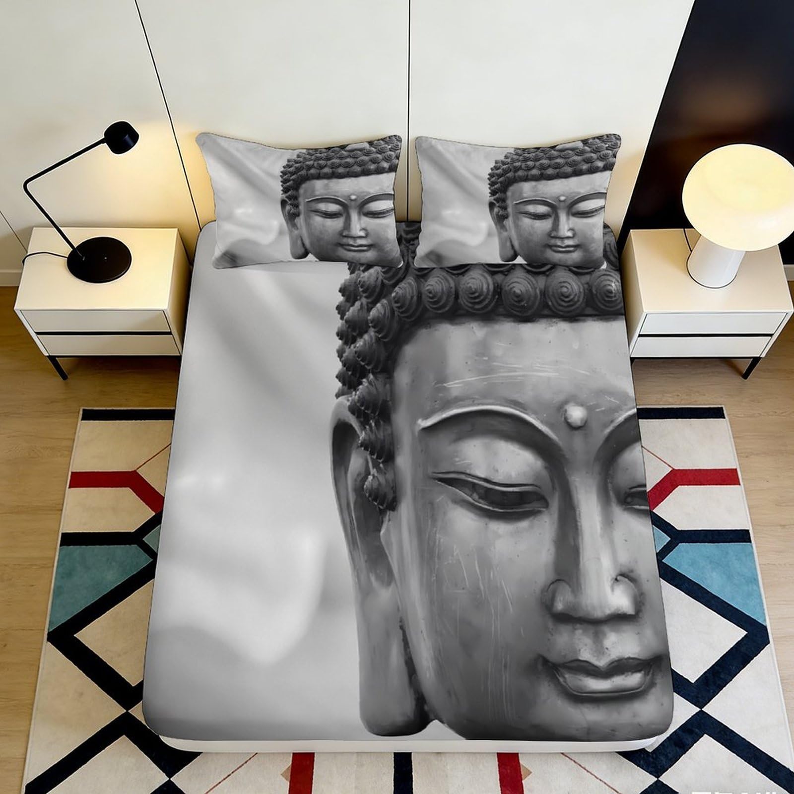 3D Printed Buddha Face Fitted Sheet Microfiber Soft Breathable Grey Bed Cover for Bedroom Dormitory Guest Room Mattress Protection Decor 120x200x25cm