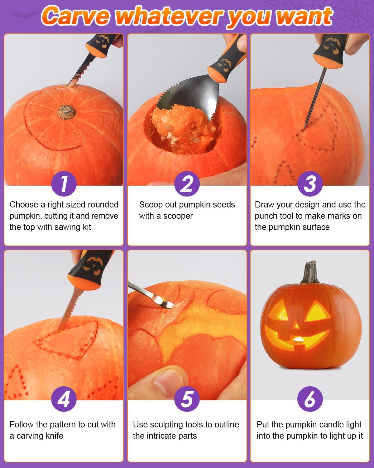 Luditek 4-Pack Halloween LED Pumpkin Lights for Inside Pumpkin w/Remote Timer, Battery Operated Flameless Candles Lights with 17PCS Carving Tools Kit & 10 Stencils, Orange Jack-O-Lantern Decorations