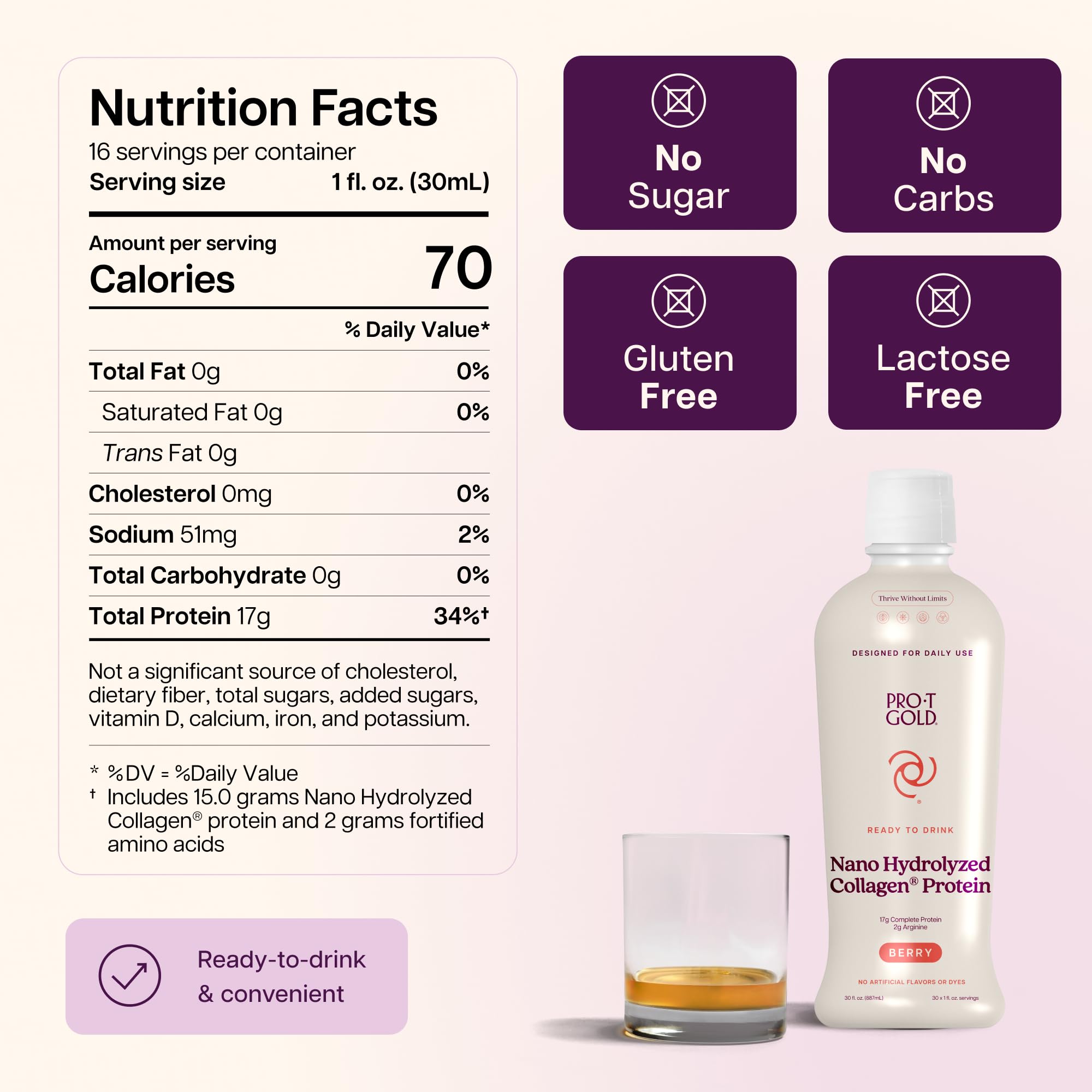 ProT Gold Liquid Collagen Protein Shot, Berry, Sugar Free, 16 fl oz — Amazon image 2