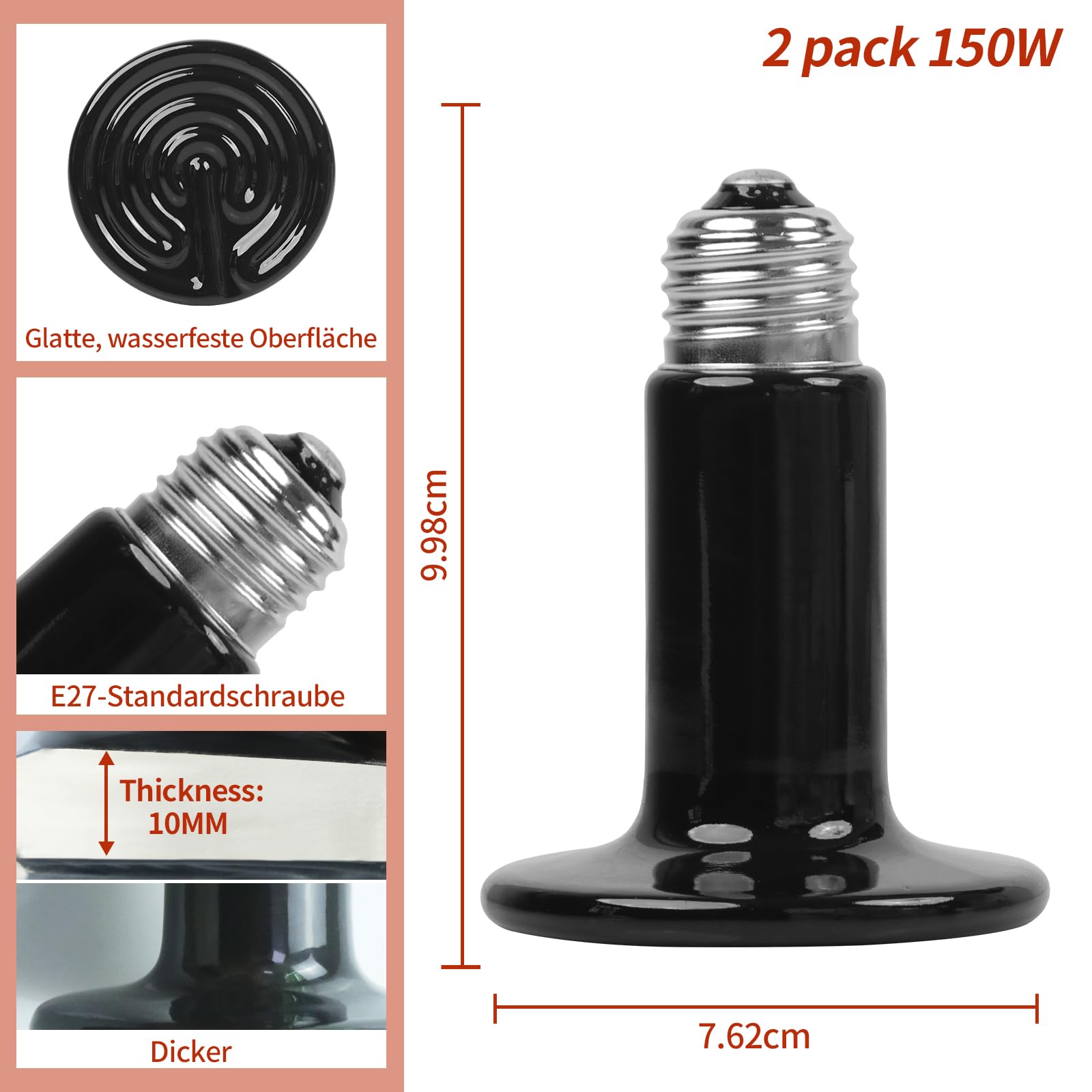 Emisor de Calor Cerámico 150W (2 Pack), Bombillas de Calor para Reptiles, Calentador Cerámico para Tortugas, Gallinas, Perros