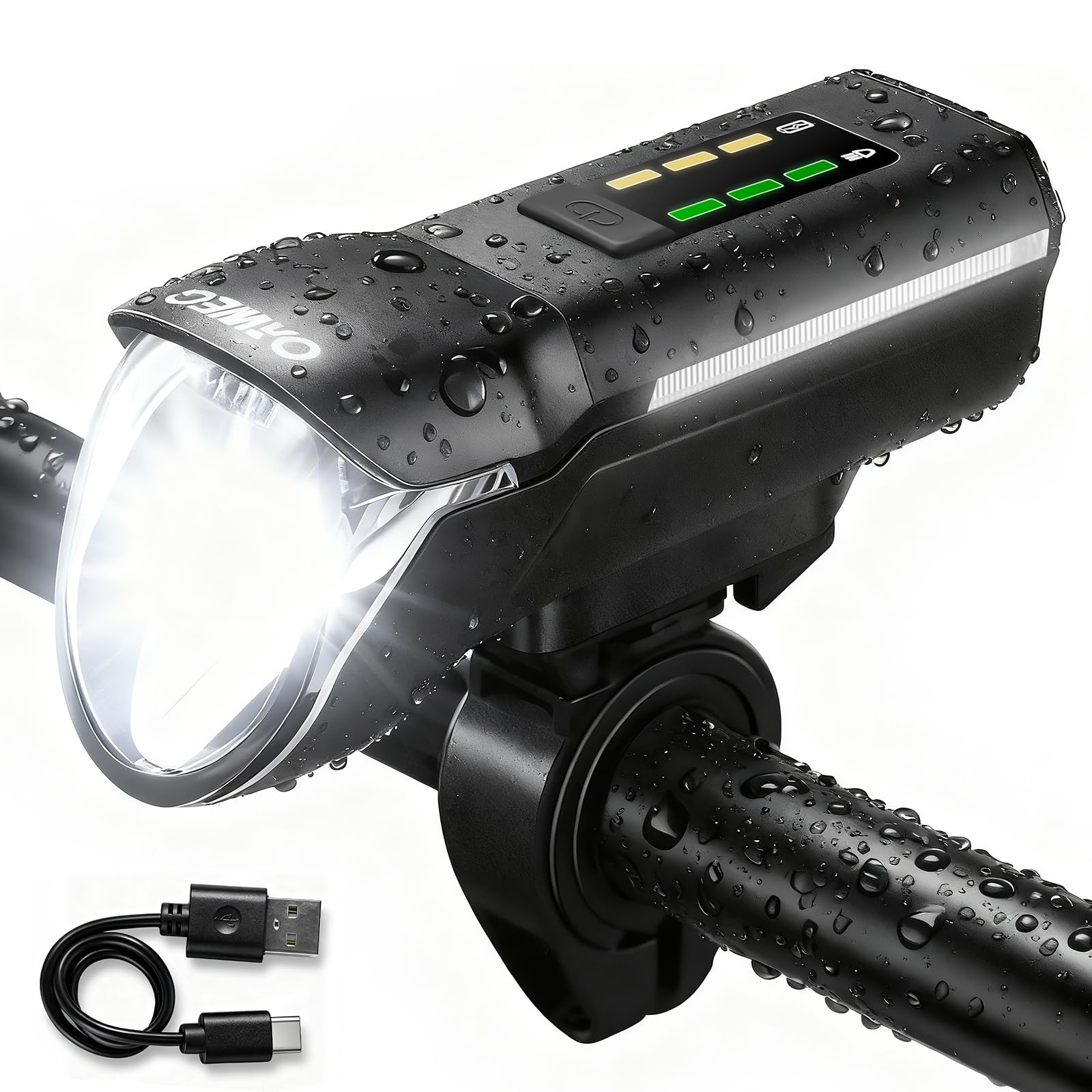 OnWEG Fahrradlicht Vorne, USB-C wiederaufladbare Fahrradlampe vorne mit Auto-Sensor, 4 Leuchtmodi, 100m Sichtweite, IPX4 Wasserdicht, Batterieanzeige, schnell abnehmbar für Citybike E-Bike MTB