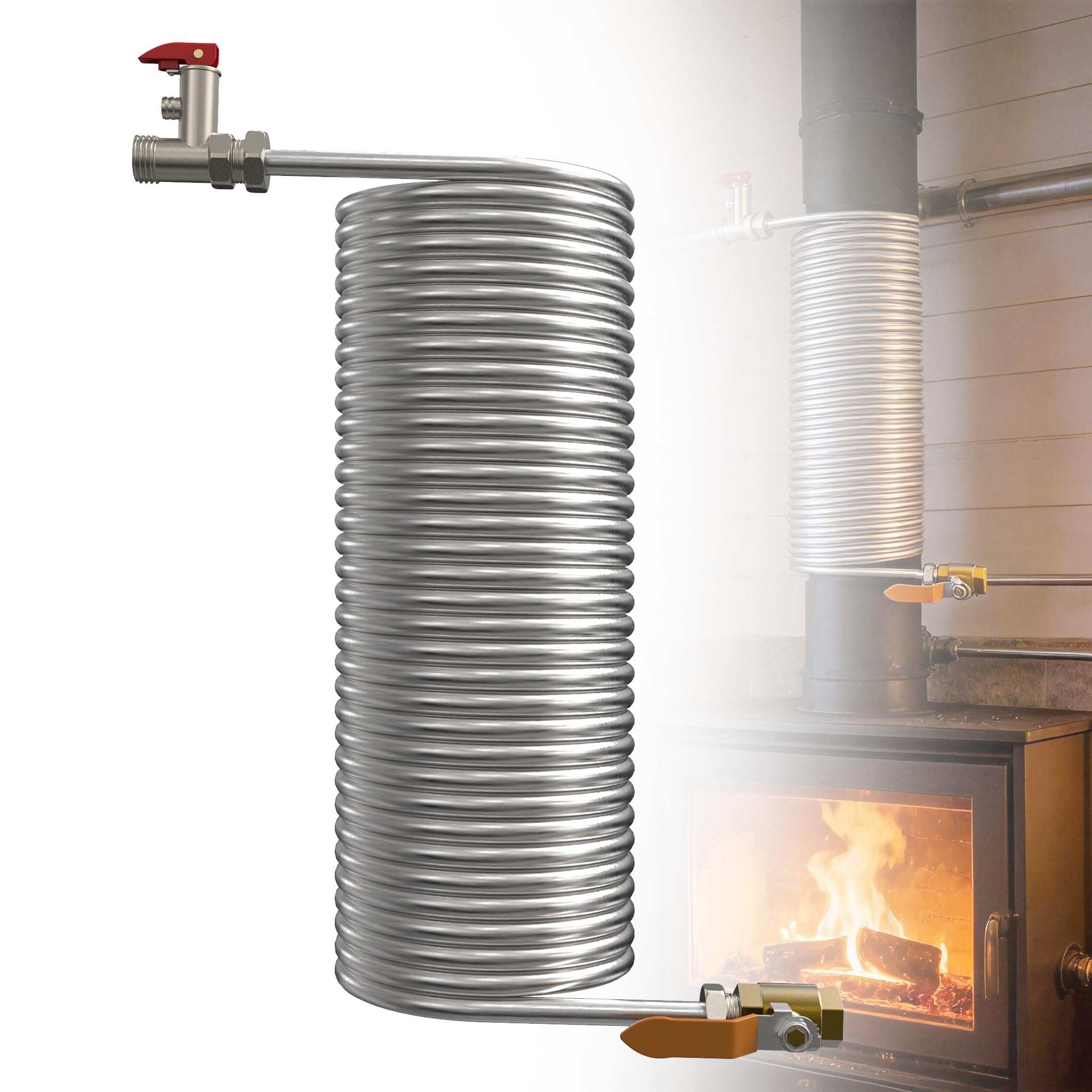 Échangeur de chaleur de cheminée, en acier inoxydable 304, 16 m, 12 x 1 mm, 34 tours, raccord en laiton 1/2", pour cheminée et chauffage de l'eau