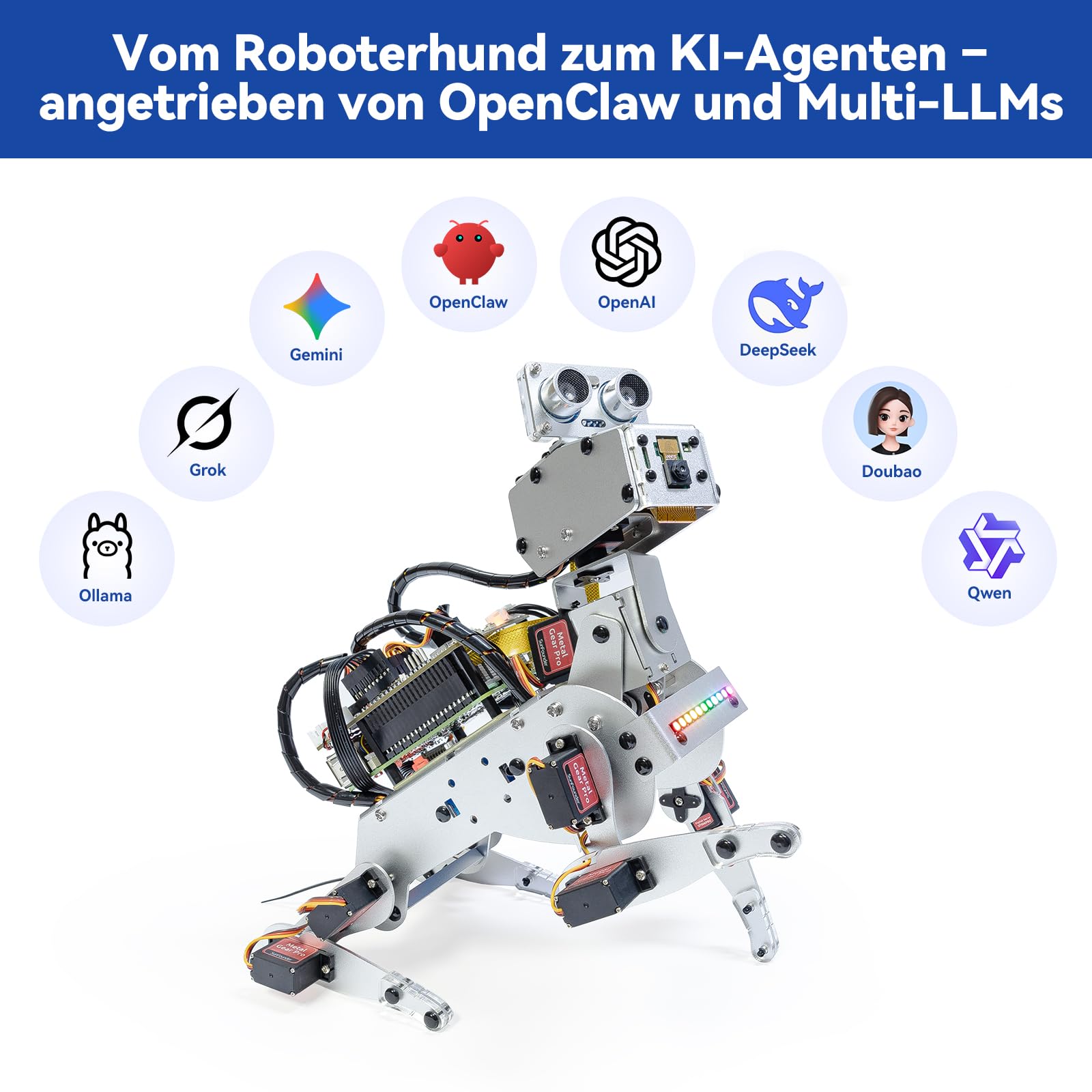 SUNFOUNDER PiDog KI-Roboterhund Bausatz für Raspberry Pi 5/4/3B+/Zero 2W, OpenClaw LLMs ChatGPT/Gemini/Grok, Sprach- & Videoerkennung, Python, App, Akku, Gyroskop, Kamera (RPI Nicht enthalten)
