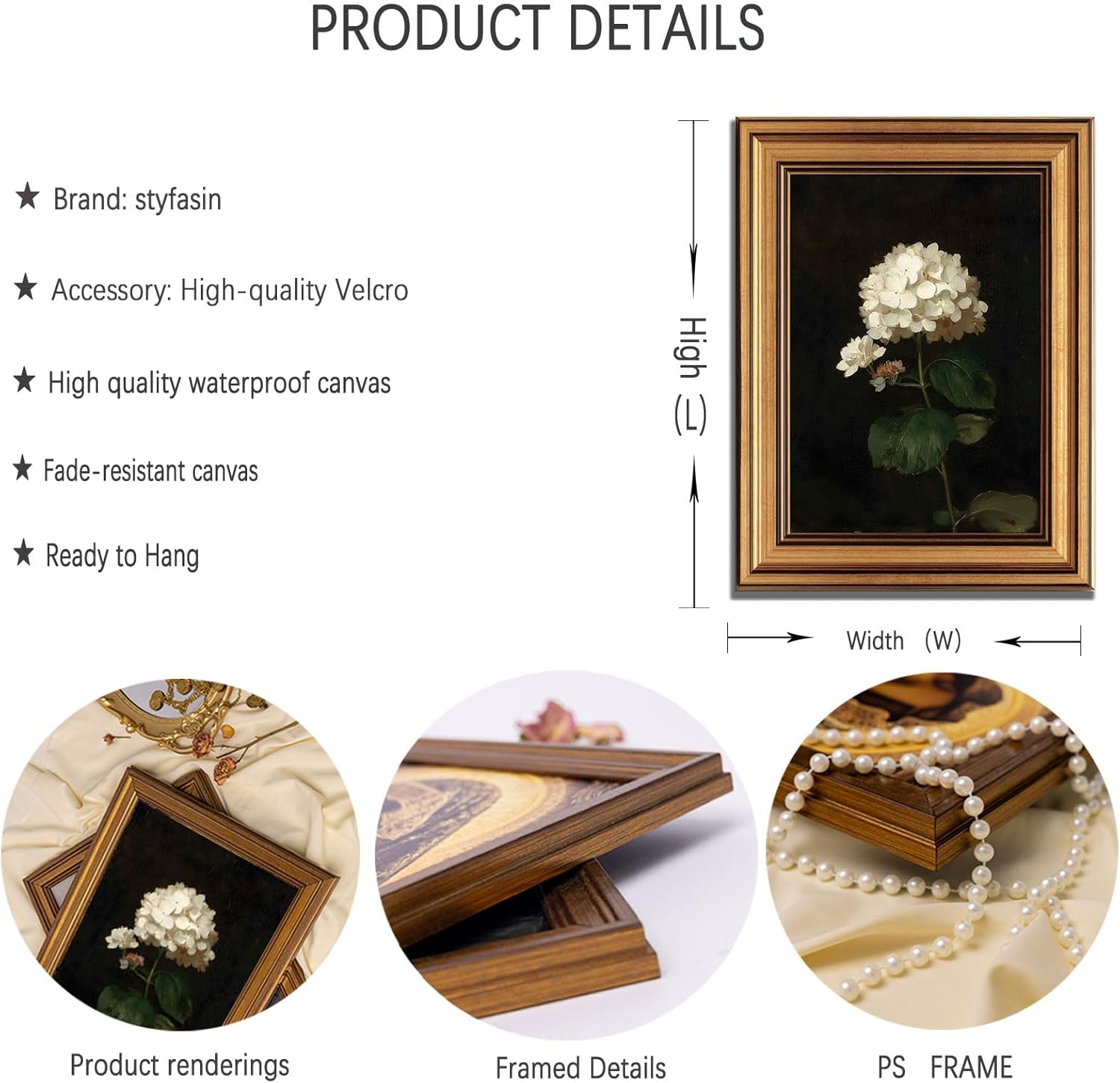 Gold Framed Moody Flower Canvas Wall Art White Hydrangea Living Kitchen painting Decor Pictures Bedroom Vintage Plant Floral Posters Prints for Corridor Classroom Bedroom Woman Room Decoration