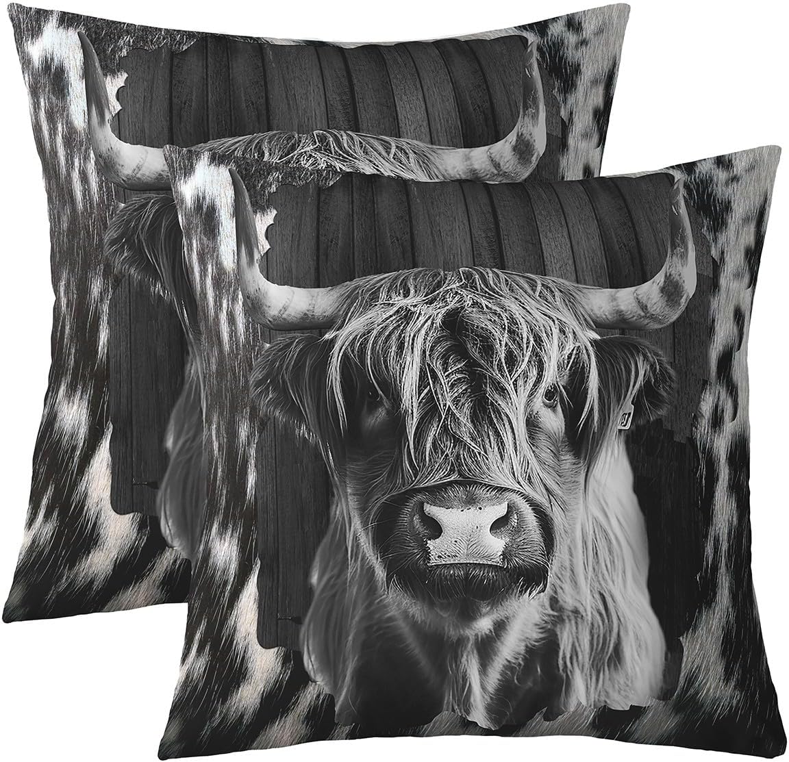 Kids Highland Cow Throw Pillow Covers 24"x24" Set of 2 Soft Highland Cattle Pillow Cases Cushion Covers for Decor Farmhouse Animal Decorative Throw Pillowcases Western Decor Grey Cushion Cases