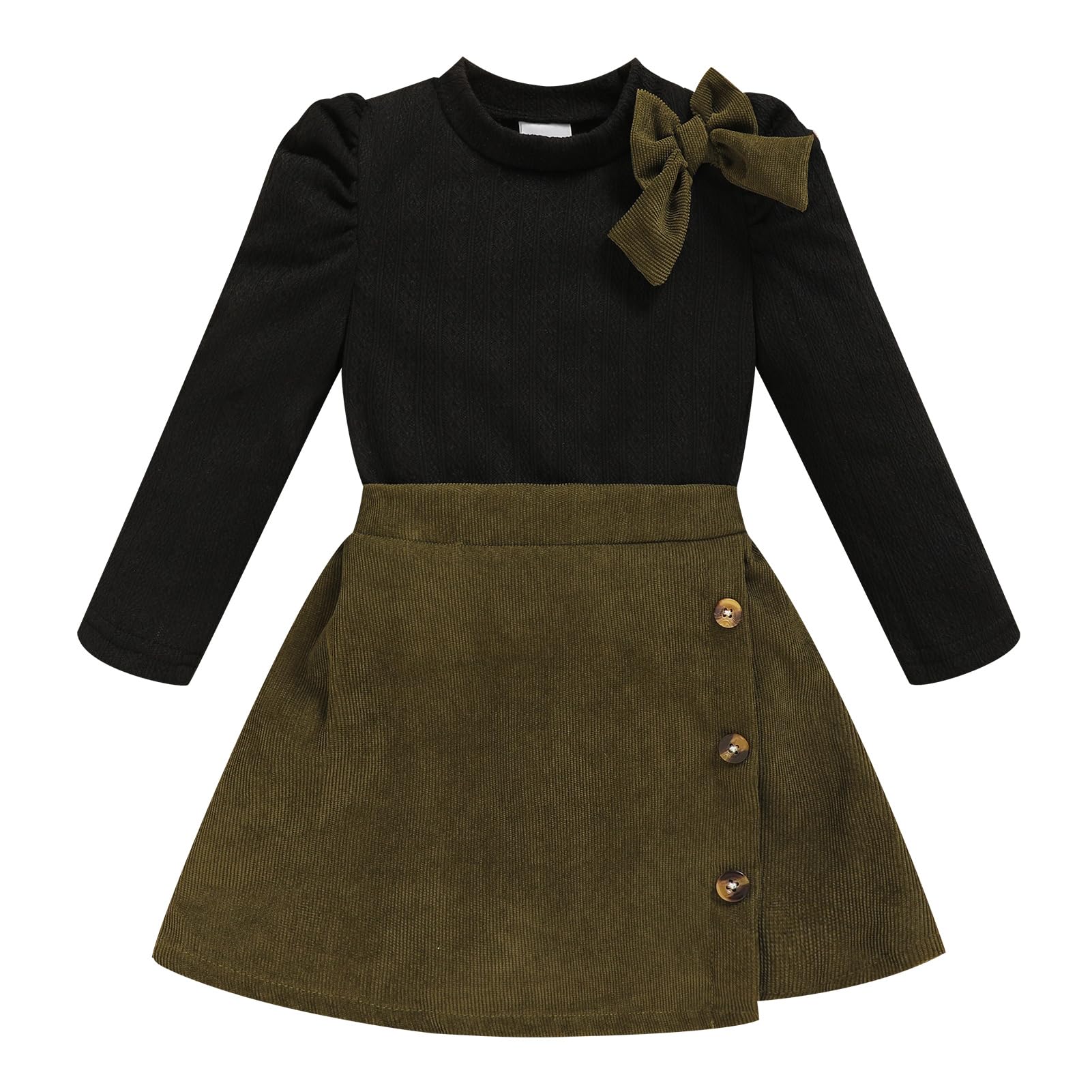 Toddler Girl Plaid Outfits Fall Winter Dress Knit Ribbed Bow Sweatshirt Tops and Button Fashion Skirts Set