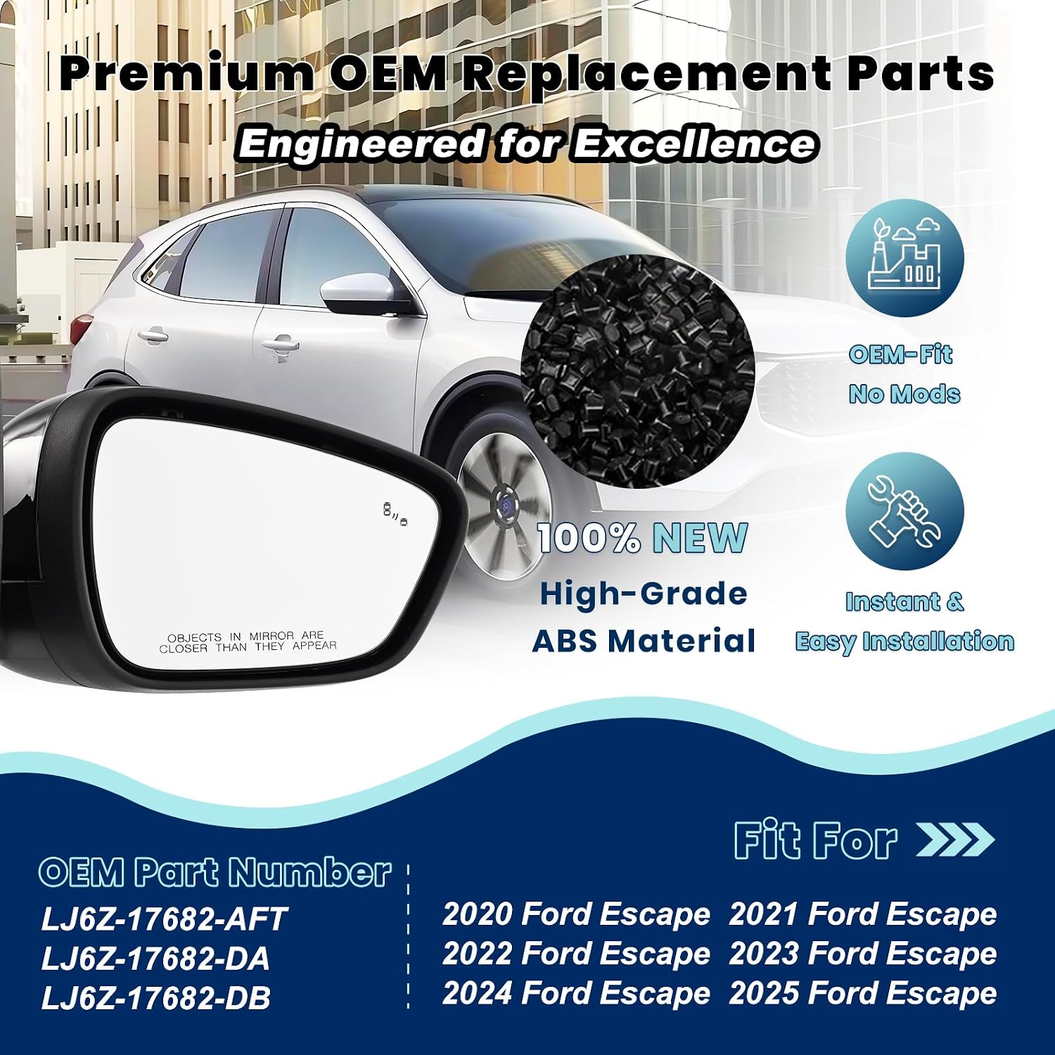 Right Passenger Side Mirror Replacement Fits Ford Escape 2020-2025 With Heated、Power Glass、Blind Spot、Match Glossy Black Cover Replace #LJ6Z-17682-AFT LJ6Z-17682-DA LJ6Z-17682-DB (7 Pins)