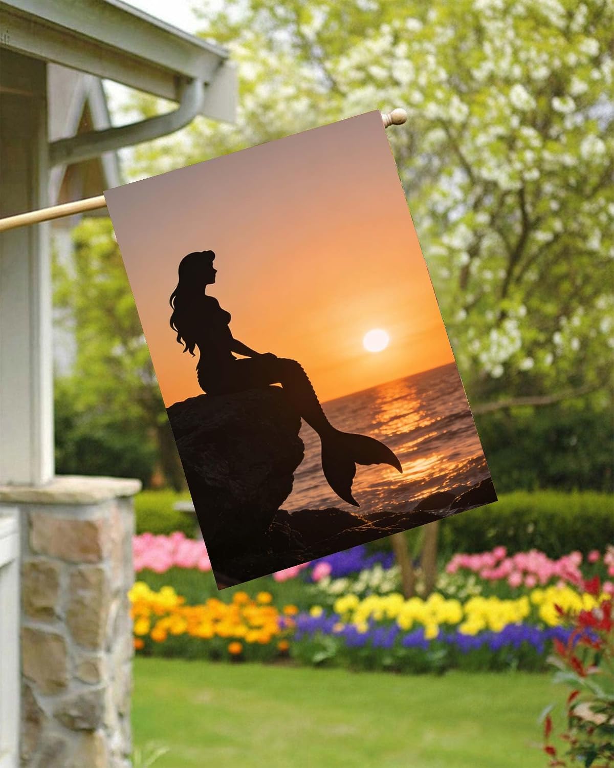 Fairy Tales Beauty Charming Fish Mermaid in Ocean Sea Sunset House Flag 28" x 40" Double Sided Polyester Welcome Yard Garden Flag Banners for Patio Lawn Home Outdoor Decor