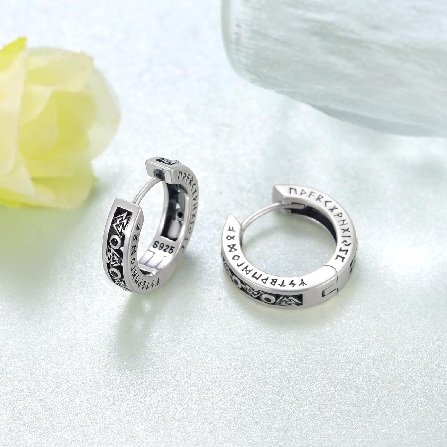 Viking Sterling Silver Hoop Earrings - Odin Compass Design, Norse Viking Jewelry Gifts for Men and Women - Image 3