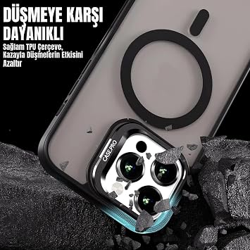 MADNOVA iPhone 15 için Kılıf Kamera Korumalı Magsafe Wireless Şarj Özellikli Lens Hediyeli Mat Şeffaf Renkli Standlı Kılıf (SİYAH)