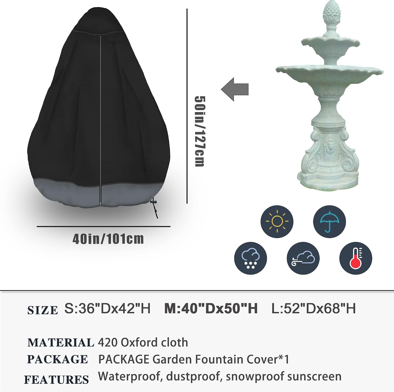 MBOOM Fountain Cover 40" D x 50" H, Heavy Duty 600D Oxford Waterproof Winter Garden Fountain Cover, Windproof Outdoor Fountain Protector, Black and Gray