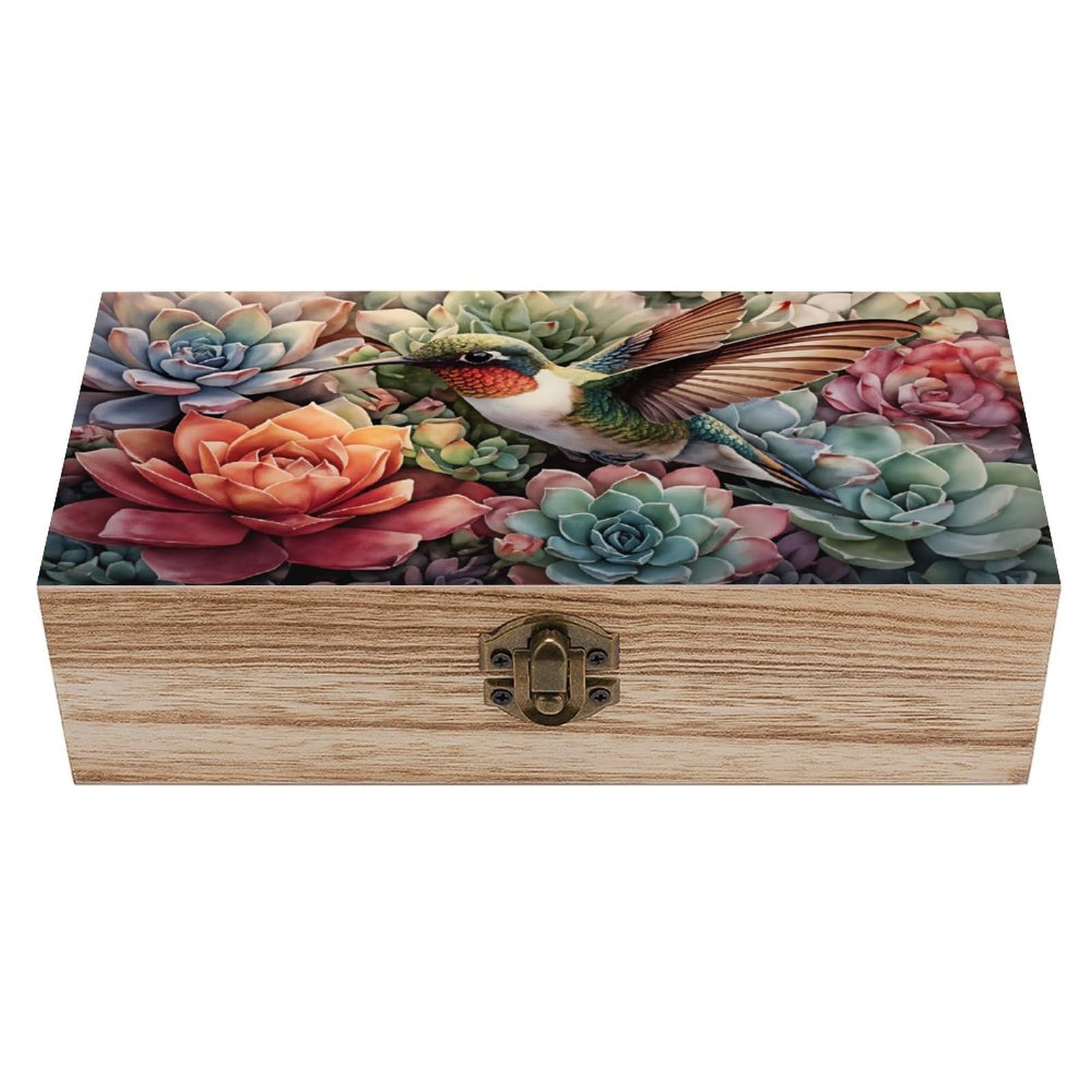 SMAZDFXX Hummingbird Among Succulents And Flowers Wooden Keepsake Box Vintage Solid Wood with Hinged Lid 7.9"×3.7"×2.3" Metal Latch Rustic Home Decor for Jewelry Photos And Trinkets