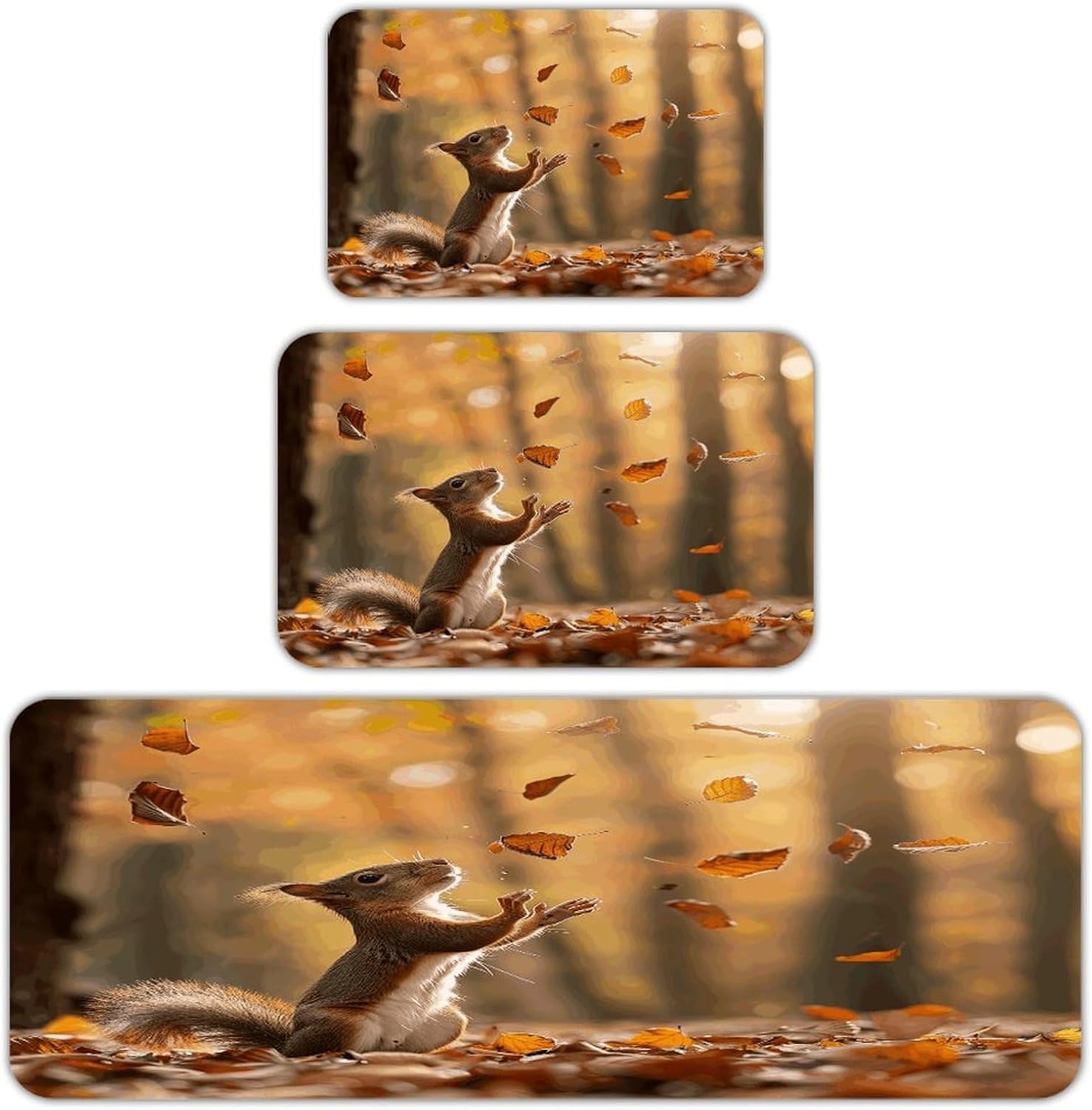 Squirrel and Leaves Kitchen Mats Soft Absorbent Rugs for Floor Non Slip Washable Kitchen Mats Fashion Rectangular Rugs for Three-Piece Set for Laundry Office Home Sink