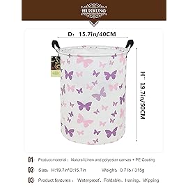HUNRUNG Laundry Hamper,Large Canvas Fabric Lightweight Storage Basket Toy Organizer Dirty Clothes Collapsible Waterproof for College DormsRound-Butterfly