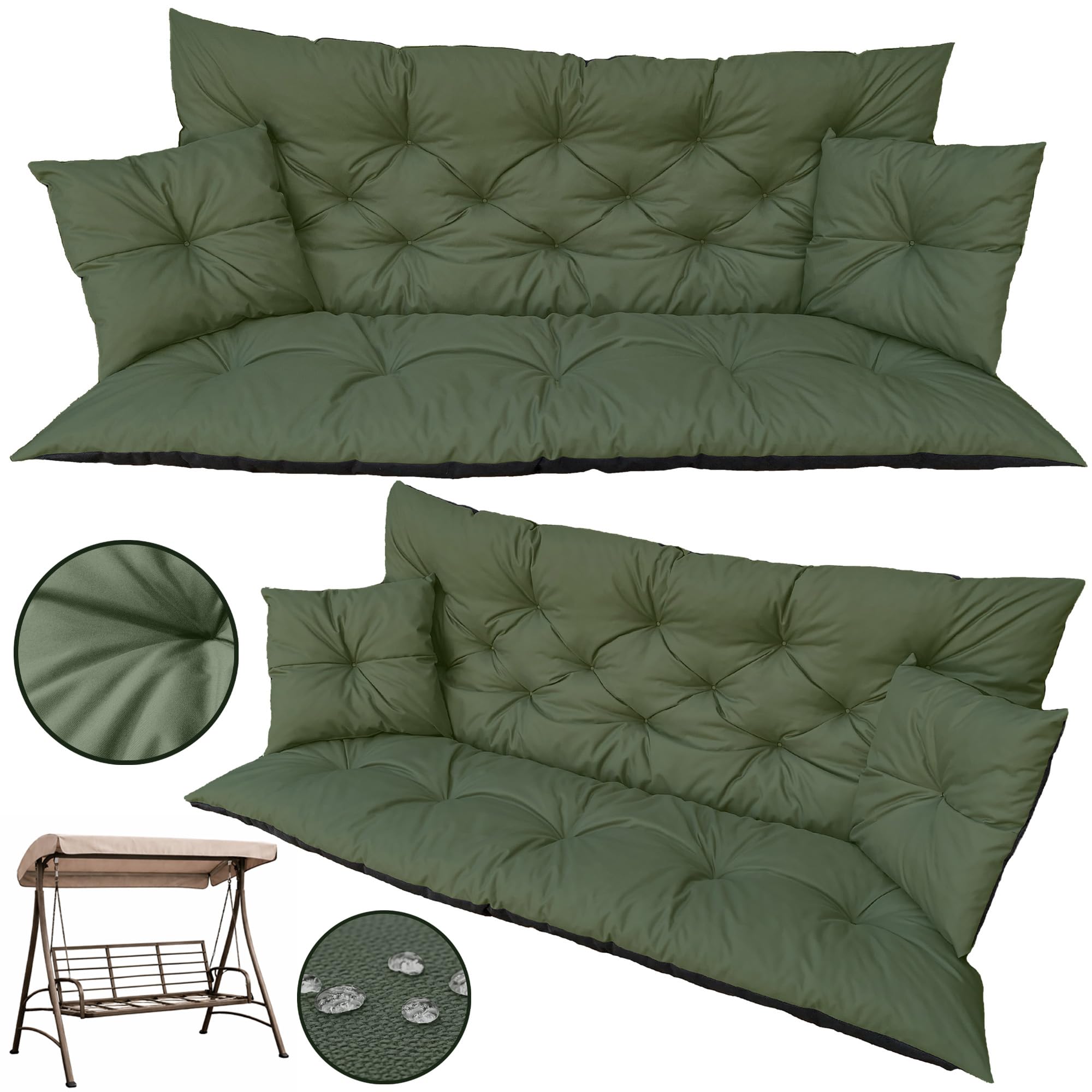 Hollywoodschaukel Auflage 180x60x50 cm Grün | Wasserdicht, Inkl. 2 kleine Kissen, Bankauflage, Gartenmöbel Sitzkissen