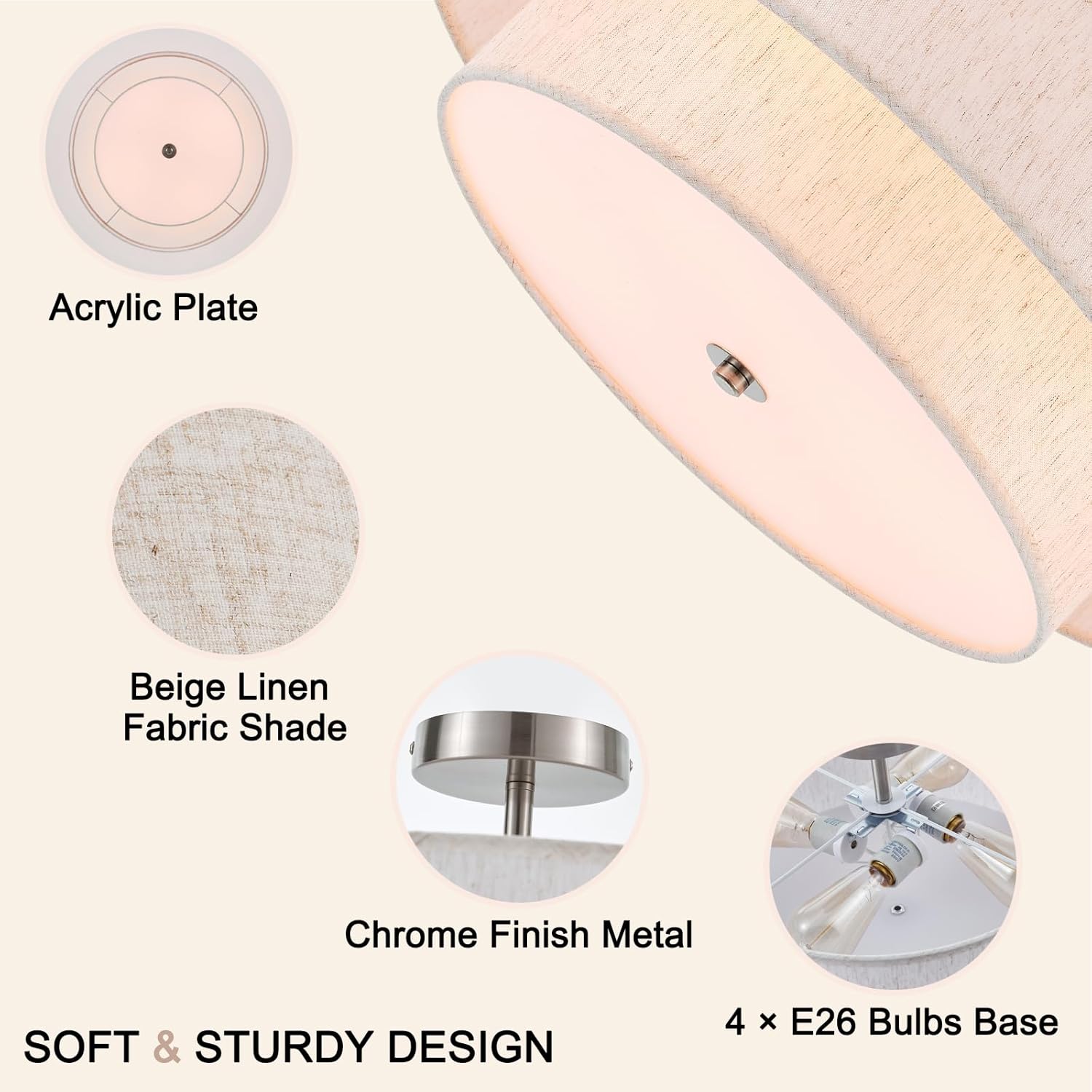 21.7" Modern Semi Flush Mount Ceiling Light 4-Lights Linen Drum Ceiling Lighting with Chrome Finish, Vintage Ceiling Light Fixture for Laundry Room, Kitchen, Living Room, Dining Room, Bedroom