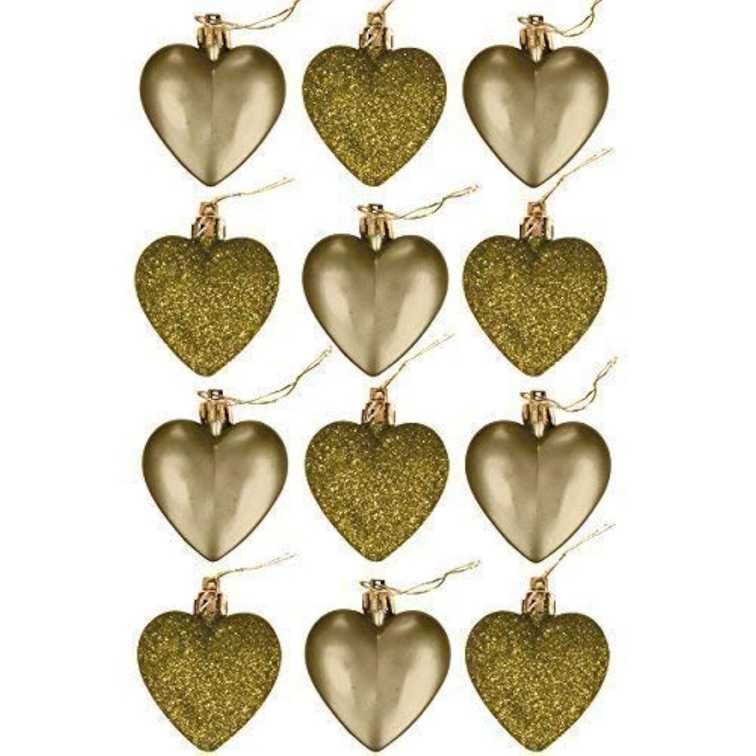 Robelli Christmas Shatterproof Glitter Heart Baubles - 6cm - Pack of 12 (Gold)