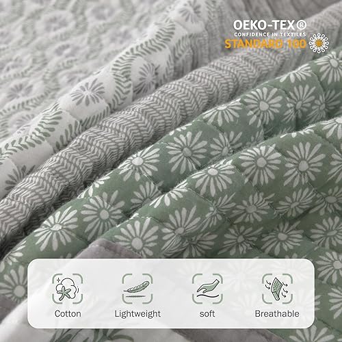 Miniatura 5 de Y-PLWOMEN - Juego de cama king de edredóncubrecama de 100% algodón, ligero, floral, reversible, de estilo granja para todas las estaciones, gris