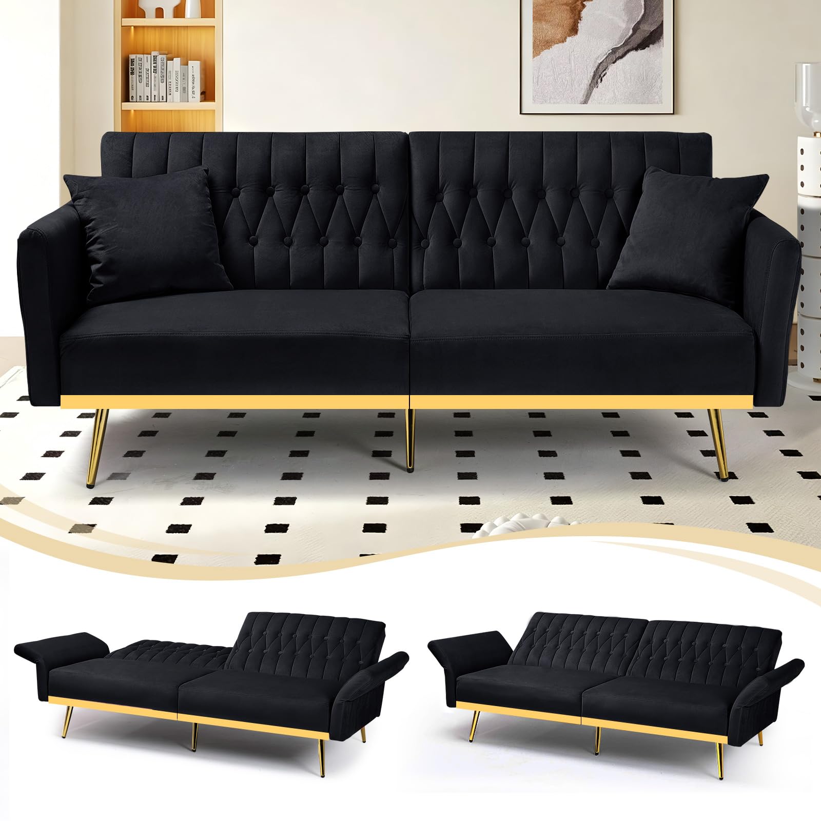 JoyHarb 178cm Velvet Loveseat With Adjustable Backrests and Armrests, Modern Two Seats Sofa Bed With Sturdy Golden Bar & Legs, Futon Sleeper Couch With 2 Pillows Suitable For Living room, Black