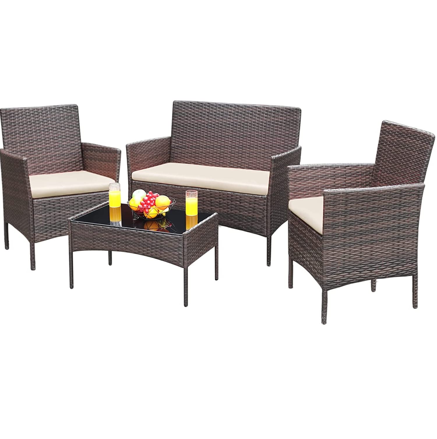 Conjunto Jardin Exterior Muebles Terraza Exterio de Ratán Marrón 4 Piezas Set,2 Sillones,1 Sofá de Doble Asiento y 1 Mesa para 4 Personas para Patio Terraza Exterior