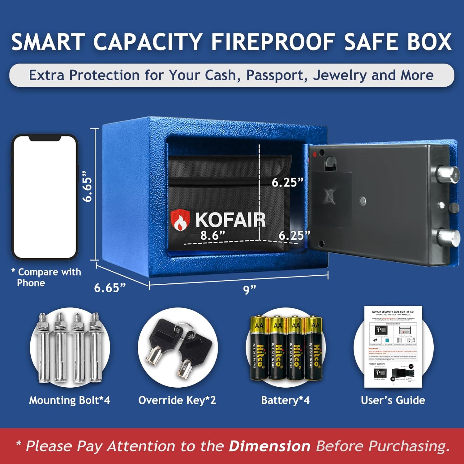 KOFAIR Safe Box for Home Safe (0.23 Cubic Feet) with Fireproof Bag, Personal Money Safe for Cash Saving, Mini Safey with Key, Digital Safety Box with Light, Money Lock safey (Blue)