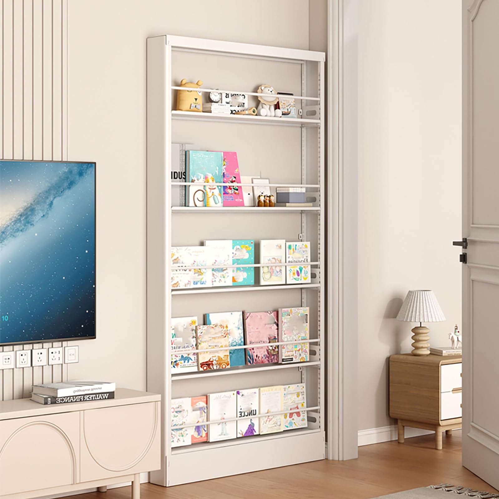 Libreria a 5 ripiani in acciaio, salvaspazio, sottile, per camera da letto, soggiorno, casa, ufficio, moderna Stora Solut per libri Decor e nizers