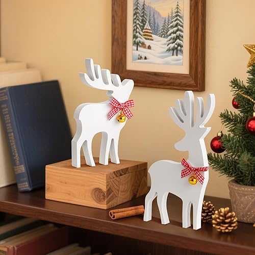 Miniatura 6 de Decoración navideña de reno de madera  2 piezas de decoración navideña de ciervo de madera con lazos y campanas, decoraciones navideñas de granja