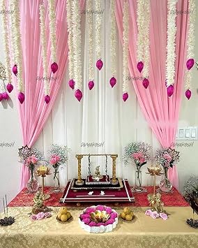 Divyakosh Lotus Wall Hangings - 5 Pcs Floral Temple & Stage Decor - Pink Lotus Buds, 4 Ft Each