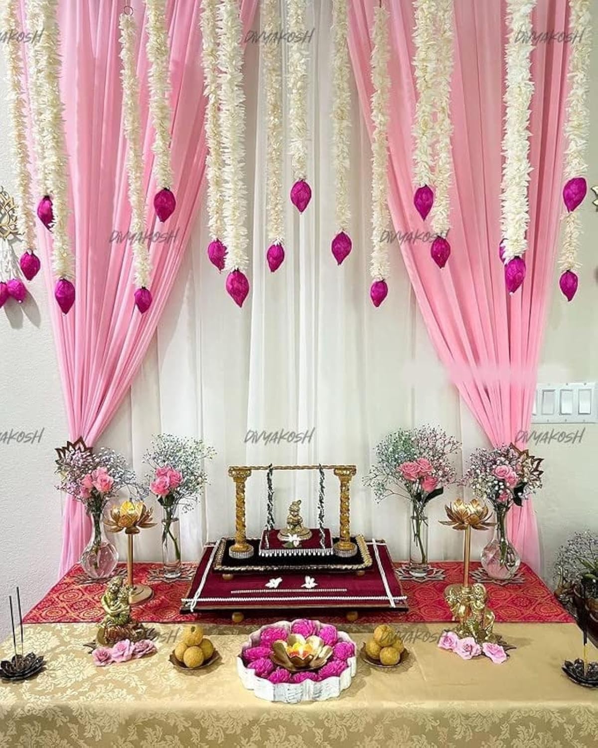 Divyakosh Plastic, Paper, Solawood Lotus Hanging 5 Pcs| Floral Wall Hangings for Temple Decor -Showpieces for Stage Decor| Wall Decoration with Pink Lotus Buds Hanging | 4 Ft Each