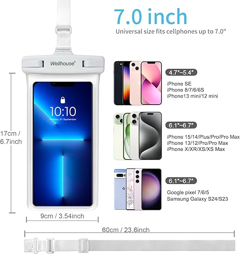 Miniatura 76 de wellhouse Funda impermeable para teléfono, funda impermeable para iPhone 16 15 14 13 12 Pro Max XS Samsung, IPX8 3D bolsa seca para teléfono celular