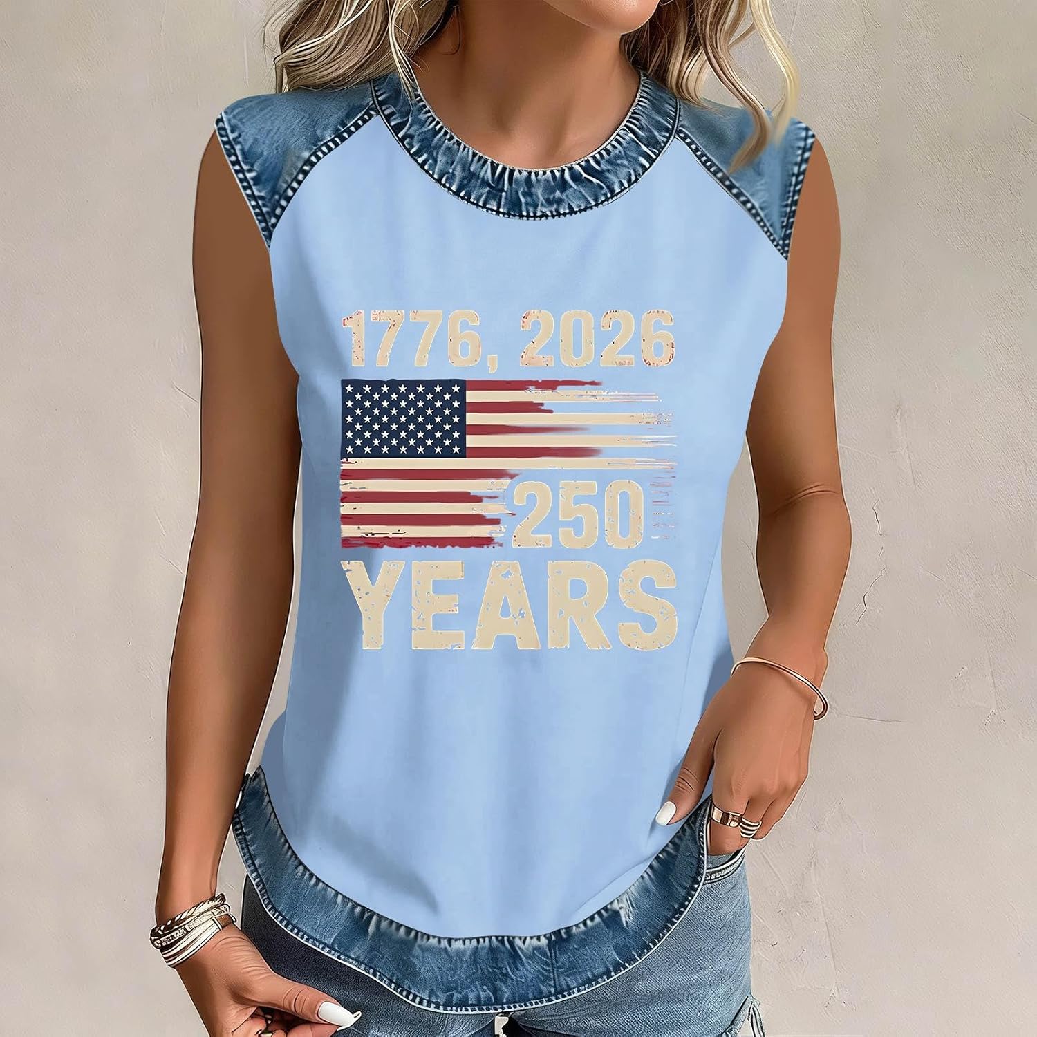 Women 1776-2026 250 Anniversary USA Shirt Sleeveless Patriotic Denim Trim Tank Top America Flag Graphic Tee Shirt